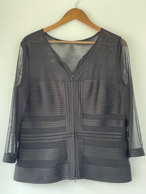 Frank Lyman Design Black Sheer Panel Zip-Front Blouse